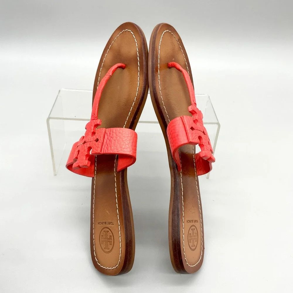 Tory Burch Moore Sandals Womens 10M Poppy Red Leather Logo Thong Flats Preppy